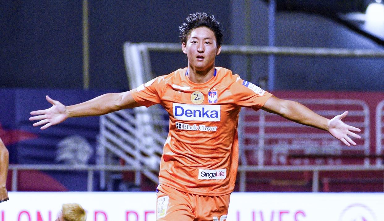 Albirex Niigata forward Seia Kunori celebrates after scoring against Tampines Rovers in their Singapore Premier League clash. (PHOTO: SPL)