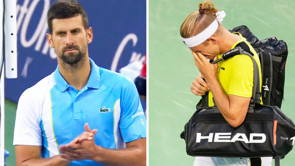 Novak Djokovic applauds his opponent and Alejandro Davidovich Fokina walks off injured.