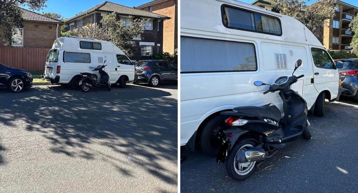 The woman's scooter sitting next to a camper van.