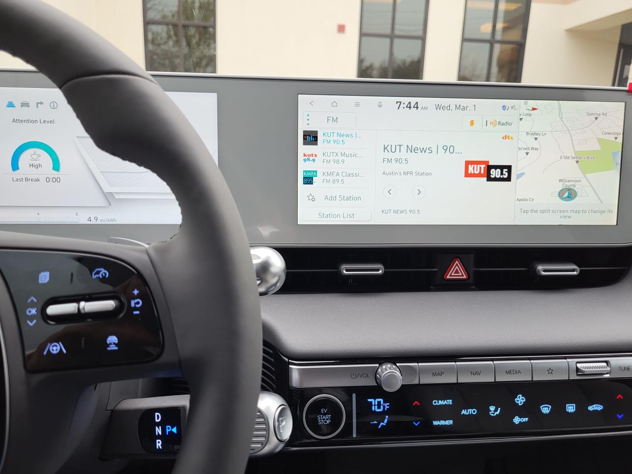 Williamson County Commissioner Terry Cook’s set radio stations are displayed on the dashboard of her 2022 Hyundai Ioniq 5.