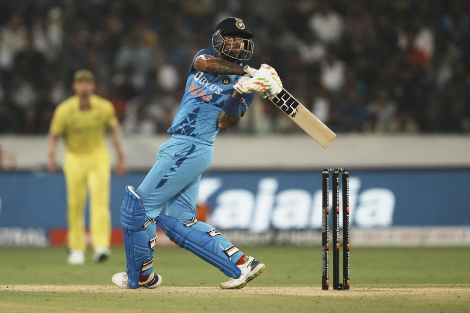 India's Suryakumar Yadav bats during the third T20 cricket match between India and Australia, in Hyderabad, India, Sunday, Sept. 25, 2022. (AP Photo/Mahesh Kumar A)