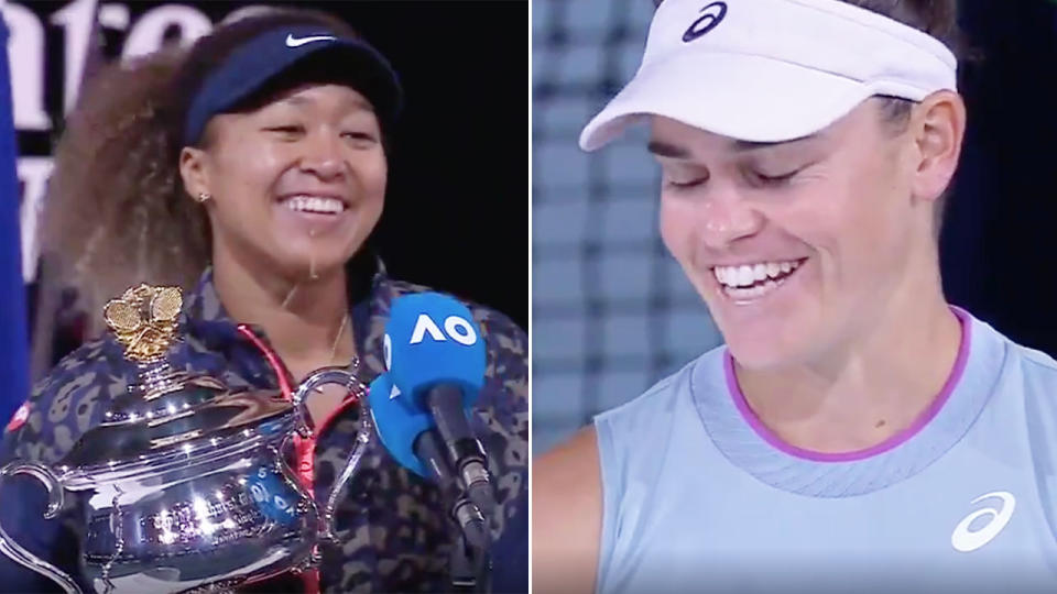 Pictured here, Naomi Osaka asks Jennifer Brady a question about her name during her victory speech.