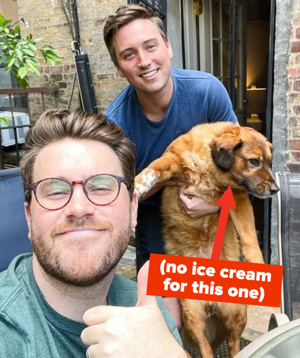 Ross, Josh, and a dog, with text that reads, "(no ice cream for this one)"