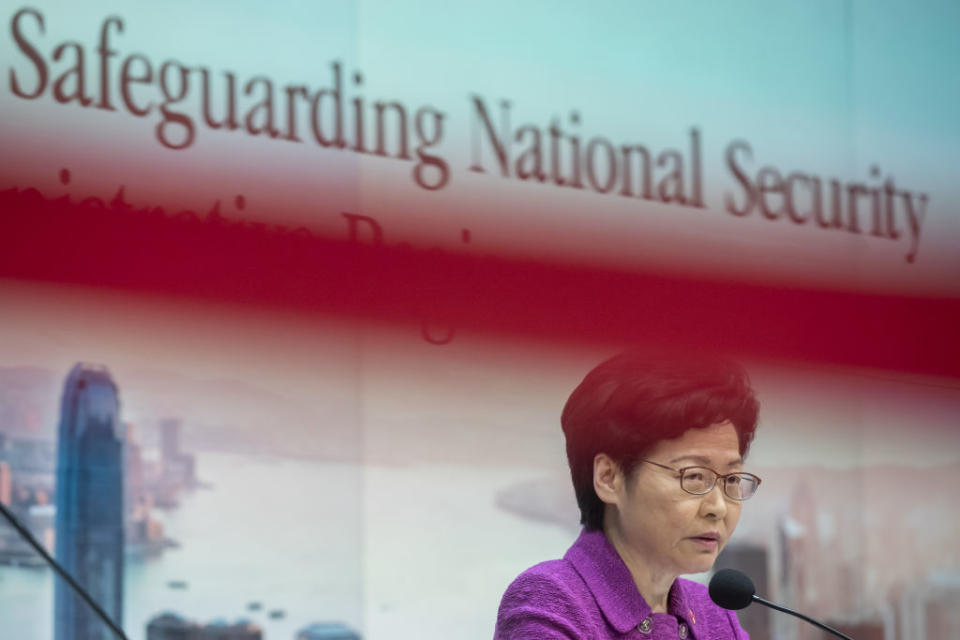 Carrie Lam, Hong Kong's chief executive, speaks at a news conference in Hong Kong, China, on Wednesday, July 1, 2020. | Paul Yeung/Bloomberg via Getty Images