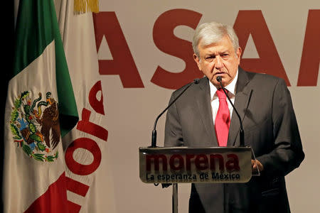 Andres Manuel Lopez Obrador delivers a speech after being sworn-in as presidential candidate of the National Regeneration Movement (MORENA) during the party's convention at a hotel in Mexico City, Mexico February 18, 2018. REUTERS/Henry Romero