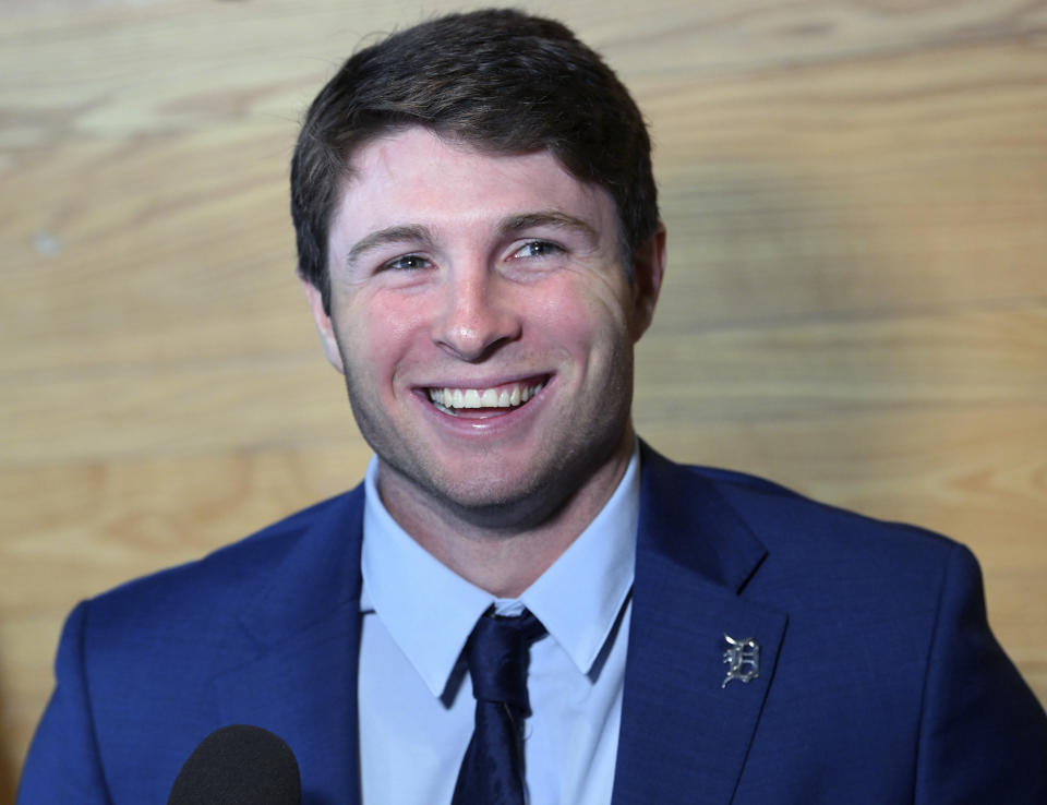 Detroit Tigers infielder Colt Keith smiles during an interview after the press conference about his contract extension at the MotorCity Casino Hotel Tiger Club in Detroit Tuesday, Jan. 30, 2024. The Detroit Tigers made an unusual bet on a player with no major league experience, agreeing Sunday to a six-year contract with the 22-year-old that guarantees the infield prospect $28,642,500. (Robin Buckson/Detroit News via AP)