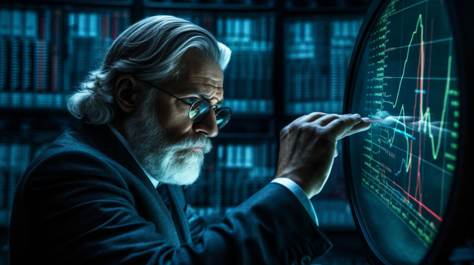 A financial advisor navigating a stock exchange board with a magnifying glass.