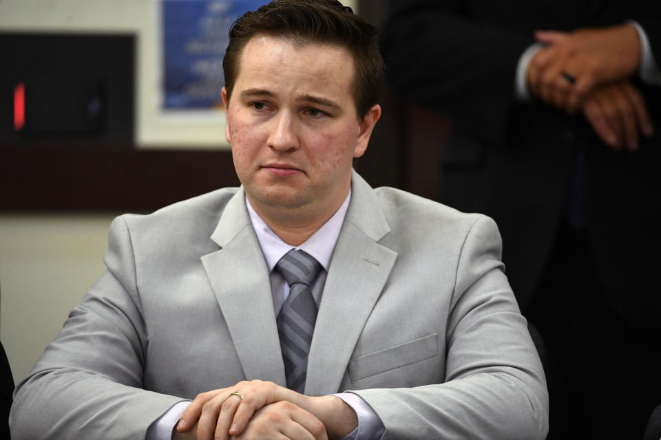 Andrew Delke listens to victim impact statements from the family of Daniel Hambrick as he pleads guilty to manslaughter on Friday, July 2, 2021 in Nashville, Tenn. Delke pleaded guilty to manslaughter over the death of 25-year-old Daniel Hambrick in 2018 as part of an agreement with prosecutors. (Josie Norris/The Tennessean via AP, Pool)