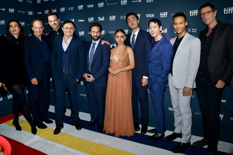 TORONTO, ONTARIO - SEPTEMBER 10: (L-R) Betsy Koch, Ralph Fiennes, Paul Adelstein, Arturo Castro, Seth Reiss, Aimee Carrero, Will Tracy, Rob Yang, Mark St. Cyr and Mark Mylod attend 