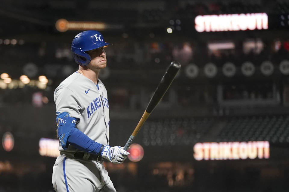 Kansas City Royals' Ryan O'Hearn reacts after striking out against the San Francisco Giants during the ninth inning of a baseball game in San Francisco, Tuesday, June 14, 2022. (AP Photo/Jeff Chiu)