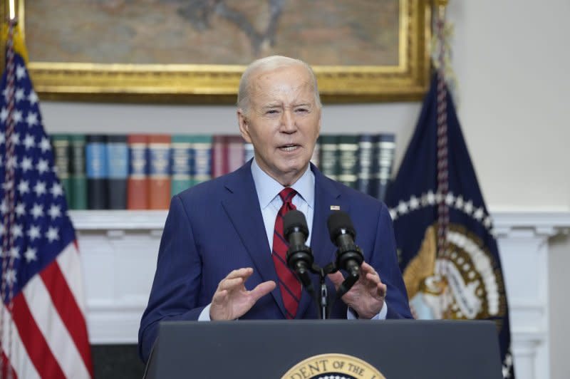 President Joe Biden Thursday addressed recent campus unrest during a statement from the White House. He said while peaceful protest is protected, violence is not. He said protest must be protected but the rule of law must also be upheld. He said the national guard should not be sent to campuses. Photo by Chris Kleponis/UPI