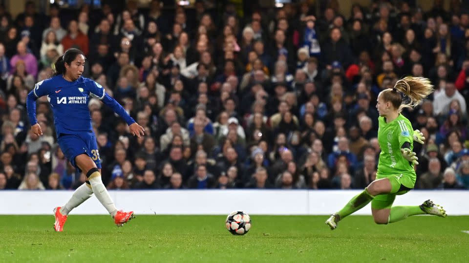 Mayra Ramírez scored for Chelsea as it eased into the last four of this year's Women's Champions League. - Glyn Kirk/AFP/Getty Images