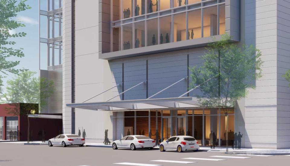 A rendering shows the entrance to the proposed 28-story hotel tower adjacent to the Sacramento Convention Center at the corner of 15th and K streets.