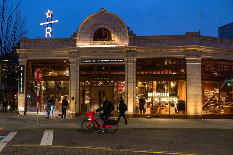 Seattle, USA - Feb 25, 2020: The Starbucks Reserve Roastery at twilight on Capitol Hill.