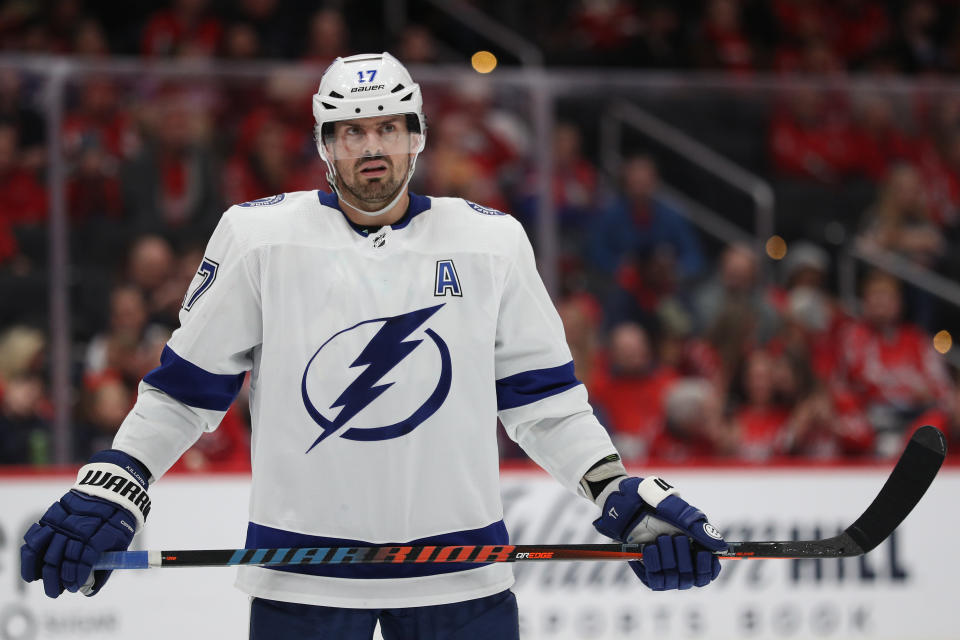 Alex Killorn #17 of the Tampa Bay Lightning looks on against the Washington Capitals 