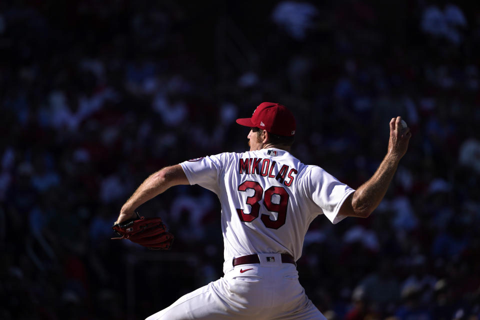 St. Louis Cardinals starting pitcher Miles Mikolas throws during the fifth inning of a baseball game against the Los Angeles Dodgers Monday, Sept. 6, 2021, in St. Louis. (AP Photo/Jeff Roberson)