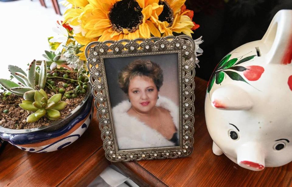 Lizett Lopez, owner of Lucy’s Gorditas in Fresno, named the restaurant after her mother, whose picture sits on the counter surrounded by decorations from her home at the new Fresno restaurant on Wednesday, April 19, 2023.