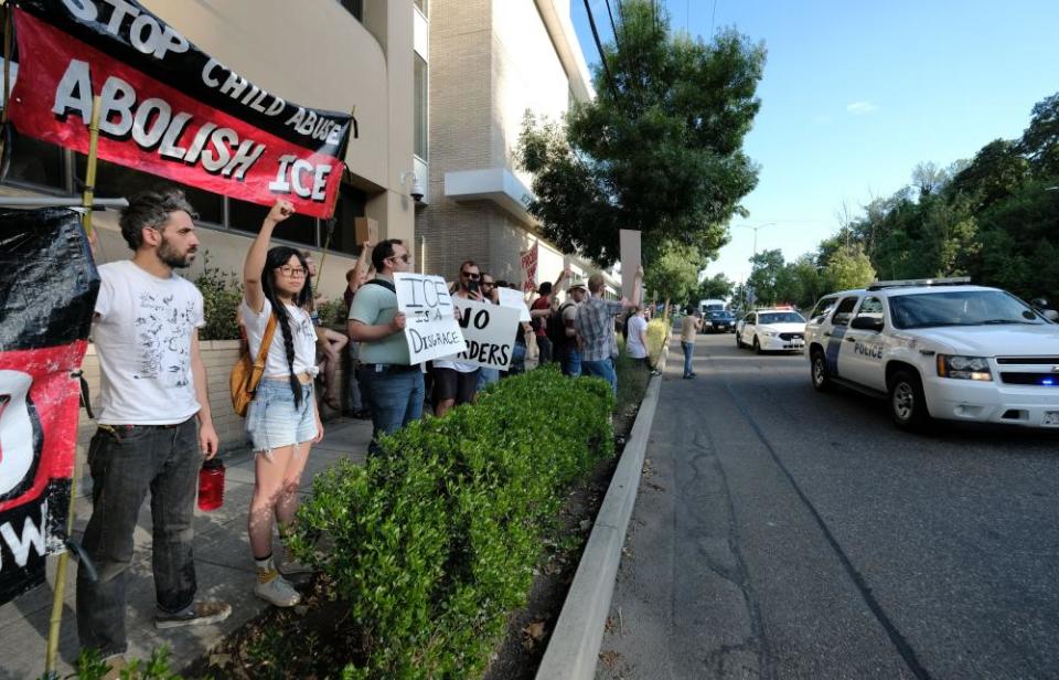 Protesters blockade the Immigration and Customs Enforcement (Ice) building in Portland, Oregon.