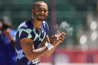 Garrett Scantling celebrates during the decathlon shot put at the U.S. Olympic Track and Field Trials Saturday, June 19, 2021, in Eugene, Ore. (AP Photo/Charlie Riedel)