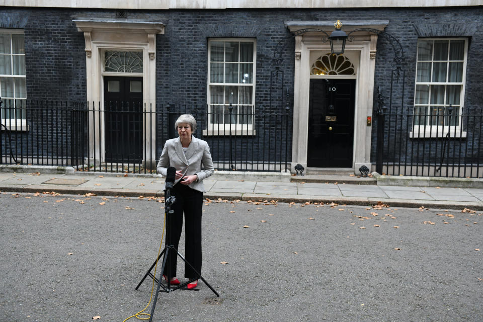 Prime Minister Theresa May makes a statement about Brexit outside 10 Downing Street, London. (PA Images)