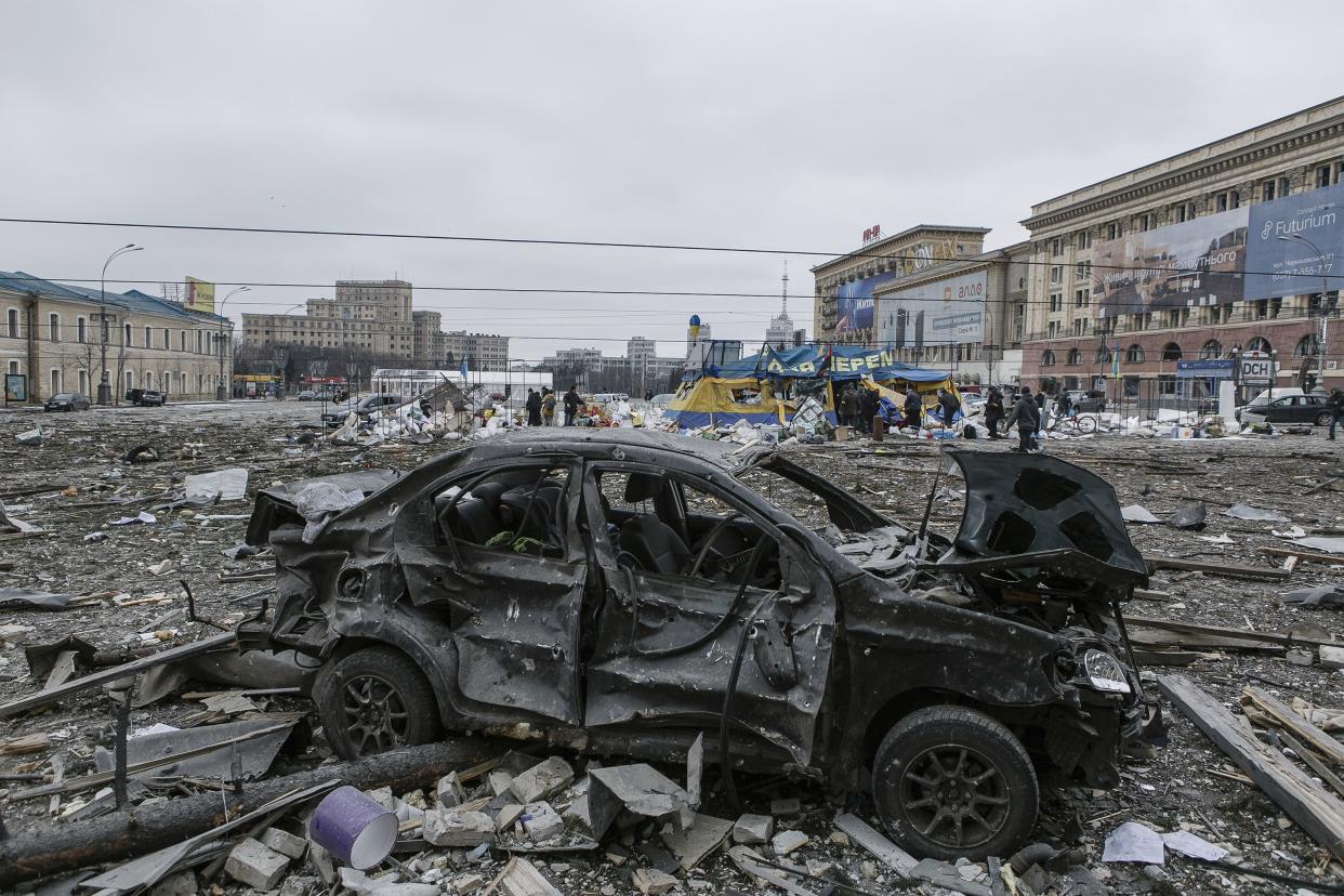 A view of the central square following shelling of the City Hall building in Kharkiv, Ukraine, Tuesday, March 1, 2022. Russia on Tuesday stepped up shelling of Kharkiv, Ukraine's second-largest city, pounding civilian targets there. Casualties mounted and reports emerged that more than 70 Ukrainian soldiers were killed after Russian artillery recently hit a military base in Okhtyrka, a city between Kharkiv and Kyiv, the capital.