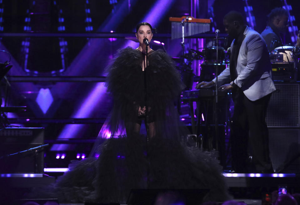 St. Vincent performs during the Rock & Roll Hall of Fame Induction Ceremony on Friday, Nov. 3, 2023, at Barclays Center in New York. (Photo by Andy Kropa/Invision/AP)