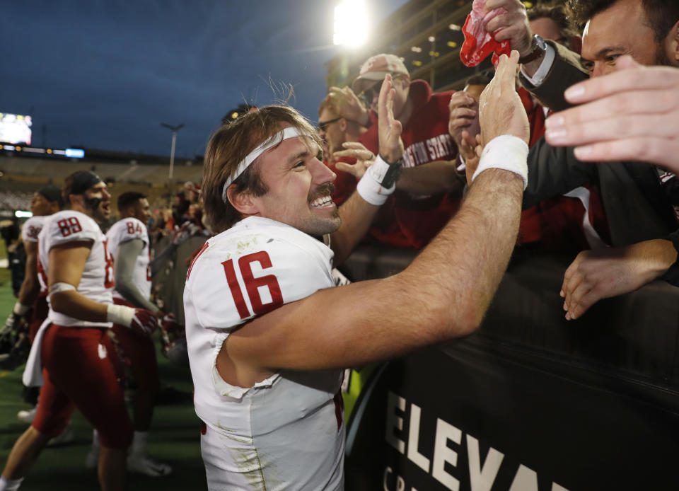 Gardner Minshew will take his glorious mustache to the Alamo Bowl where Washington State plays Iowa State. (AP)