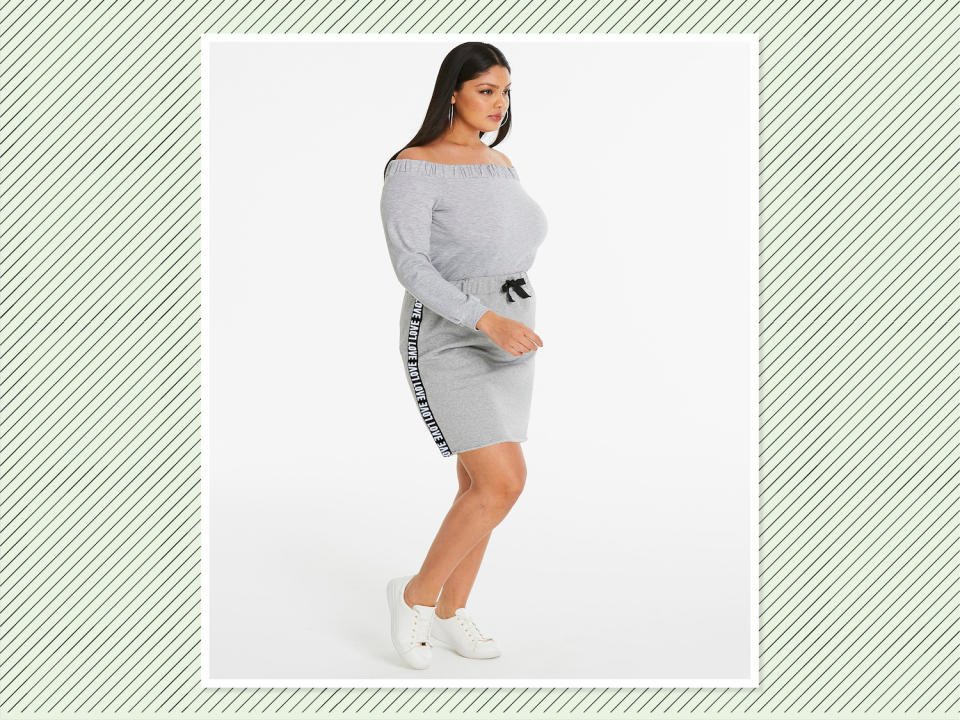 <p><a rel="nofollow noopener" href="https://www.simplybe.com/en-us/products/drawstring-waist-skirt/p/WZ614#v=color%3AWZ614_GREY%20MARL%7C" target="_blank" data-ylk="slk:Drawstring Waist Skirt;elm:context_link;itc:0;sec:content-canvas" class="link ">Drawstring Waist Skirt</a>, $37, and <a rel="nofollow noopener" href="https://www.simplybe.com/en-us/products/bardot-sweat-top/p/WZ616" target="_blank" data-ylk="slk:Bardot Sweat Top;elm:context_link;itc:0;sec:content-canvas" class="link ">Bardot Sweat Top</a>, $32, Simply Be (Photo: Simply Be) </p>