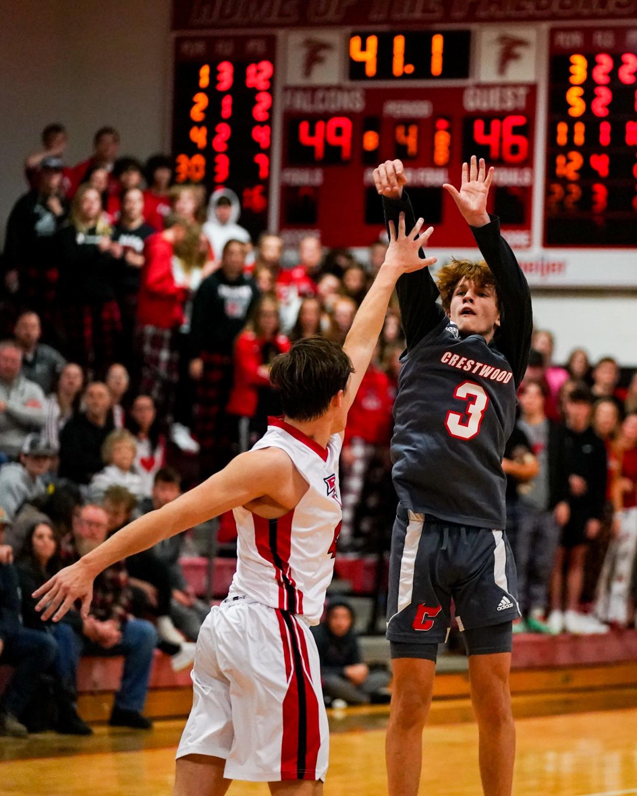 Crestwood's Dakota Johnson was on fire beyond the 3-point line at Field High School on November 30, 2021.