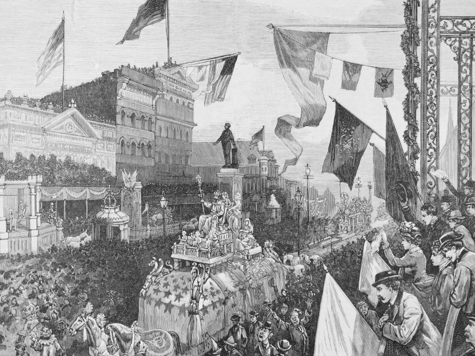 The Carnival At New Orleans. the drawing of the famous Mardi Gras festival shows a parade full of floats and costumes going by.