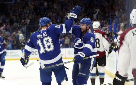 Dec 8, 2018; Tampa, FL, USA; Tampa Bay Lightning center Steven Stamkos (91) is congratulated by left wing Ondrej Palat (18) as he scores a goal against the Colorado Avalanche during the first period at Amalie Arena. Kim Klement-USA TODAY Sports - 11812906