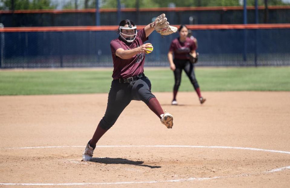 Riverbank’s Janeiya Lopez delivers a pitch during the Sac-Joaquin Section Division VI championship game with Summerville at Cosumnes River College in Sacramento, Calif., Saturday, May 20, 2023.