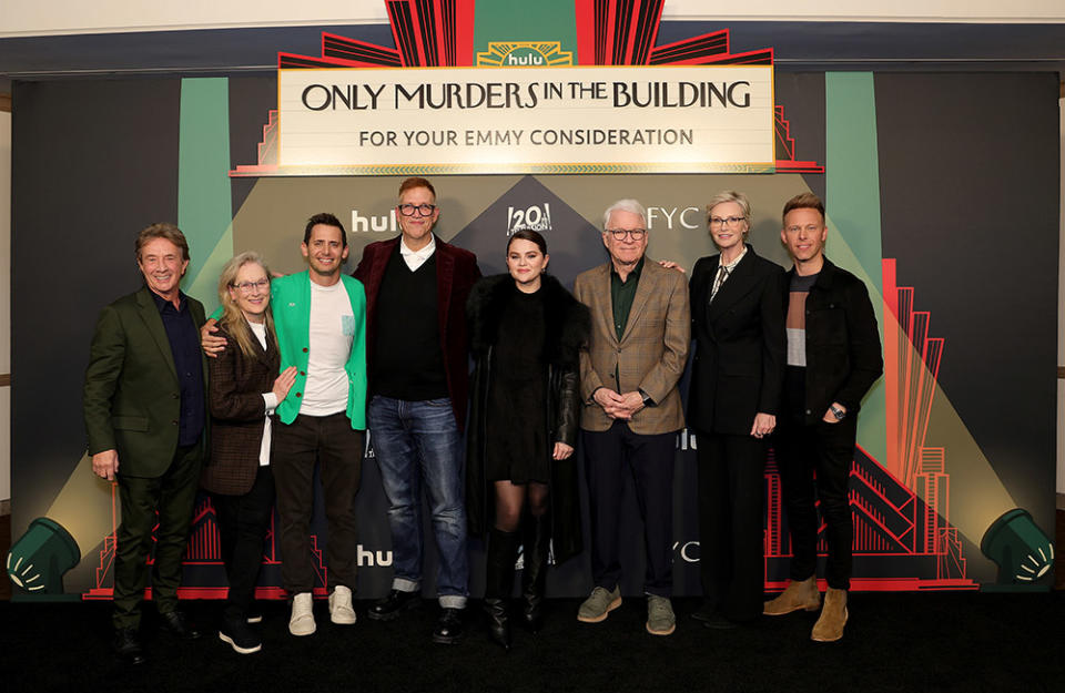 Martin Short, Meryl Streep, Songwriter Benj Pasek, Showrunner and Co-Creator John Hoffman, Selena Gomez, Steve Martin, Jane Lynch, and Songwriter Justin Paul attend an FYC event for Hulu’s “Only Murders in the Building” at the Paramount Lot on March 1, 2024 in Los Angeles, California.