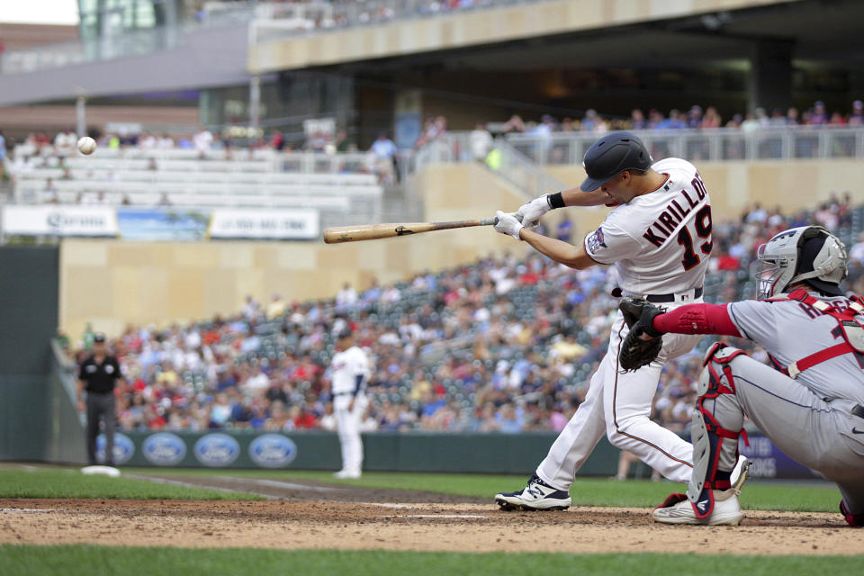 Minnesota Twins left fielder Alex Kirilloff hits a two-run double against the Cleveland Guardians in the fourth inning of a baseball game Tuesday, June 21, 2022, in Minneapolis. (AP Photo/Andy Clayton-King)