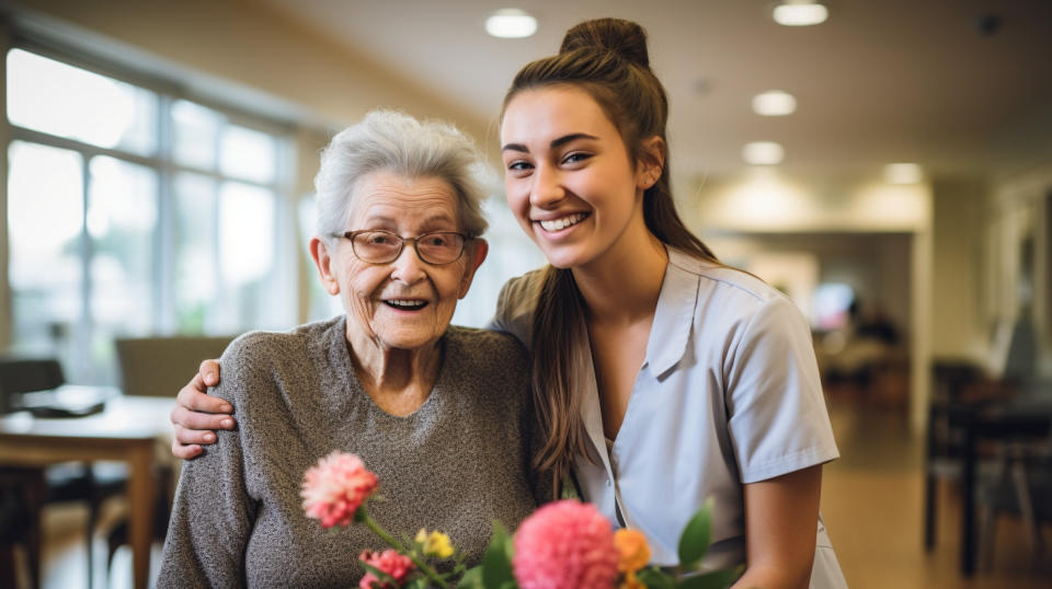 A supportive smile shared between a care facility staff member and a resident with Alzheimer's or Dementia.