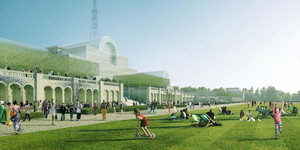 In this computer generated image provided by In-Press Photography, showing Shanghai-based Zhongrong Group's proposed design on rebuilding Crystal Palace on the site of the original Victorian building in south-east London. Britain’s Crystal Palace, the Victorian exhibition center that was once the largest glass structure in the world, will be brought back to life with investment from Chinese developers. Shanghai-based Zhongrong Group plans to invest 500 million pounds (US$ ) to build a replica of the iron and glass building as a cultural attraction in south London. The Crystal Palace, designed by Joseph Paxton for the 1851 Great Exhibition in Hyde Park, was the world’s biggest glass structure before it was destroyed by fire in 1936. The plans, announced Thursday, Oct. 3, 2013 will replicate the building’s Victorian design in the original size and scale. (AP Photo/In-Press Photography)