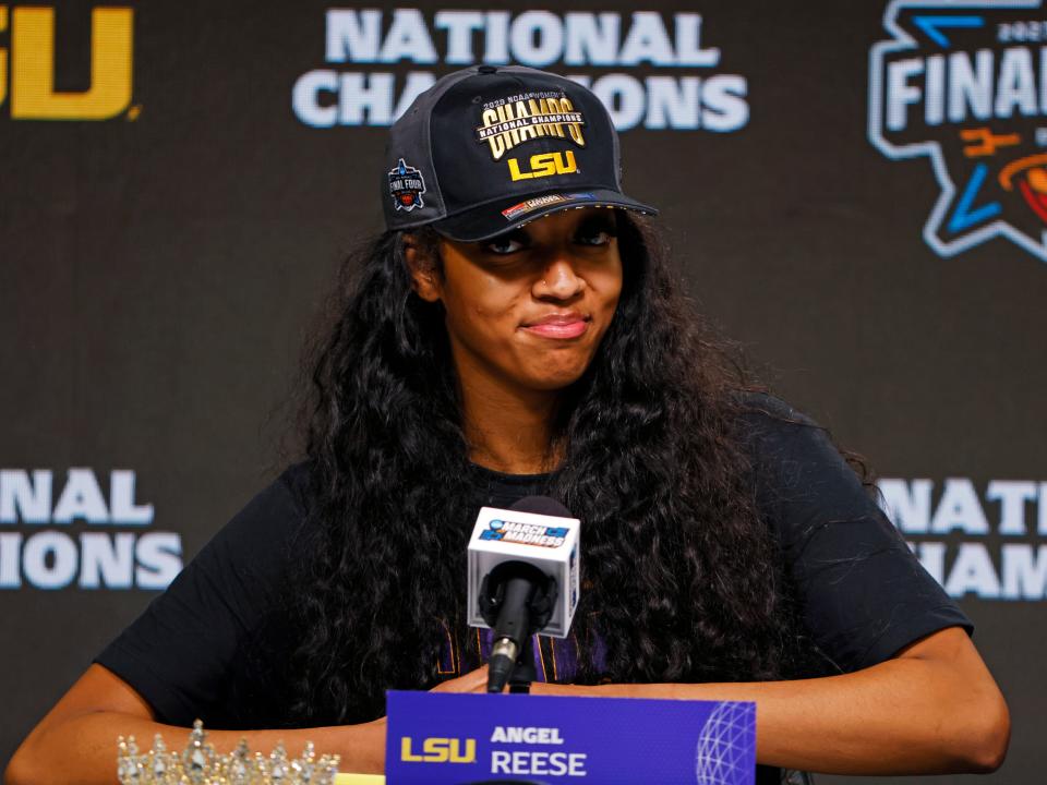 Angel Reese #10 of the LSU Lady Tigers speaks during a press conference after the LSU Lady Tigers beat the Iowa Hawkeyes 102-85 during the 2023 NCAA Women's Basketball Tournament championship game at American Airlines Center on April 02, 2023 in Dallas, Texas