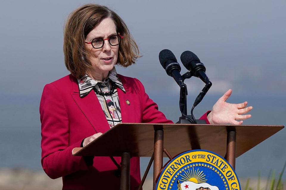 Oregon Gov. Kate Brown speaks in San Francisco, on . Gov. Brown is pardoning an estimated 45,000 people convicted of simple possession of marijuana