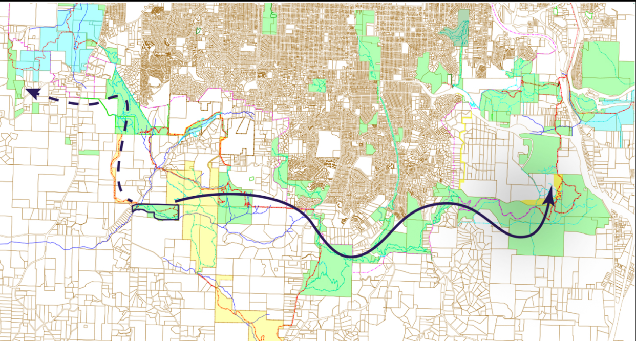 A map shows the potential for the Forest Ranch Park property to integrate into and connect with the regional Rivers to Ridges vision. A dotted black line shows how the Forest Ranch Park might connect to green spaces in west Eugene.