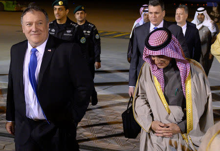 U.S. Secretary of State Mike Pompeo is welcomed by Saudi's Minister of State for Foreign Affairs Adel al-Jubeir in Riyadh, Saudi Arabia January 13, 2019. Andrew Caballero-Reynolds/Pool via Reuters