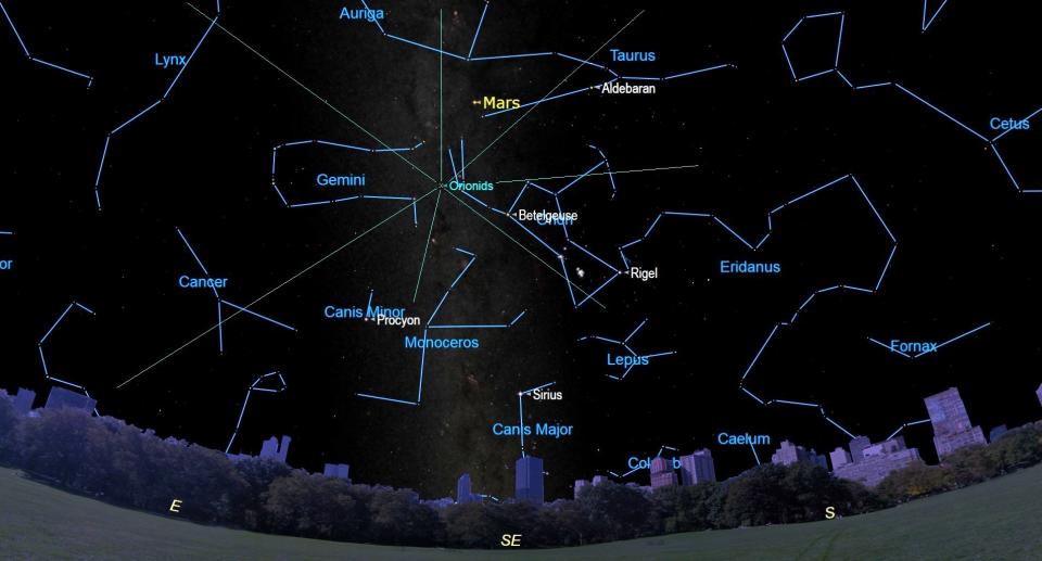 An illustration of the pre-dawn sky on Oct. 21 showing the peak of the Orionid meteor shower.