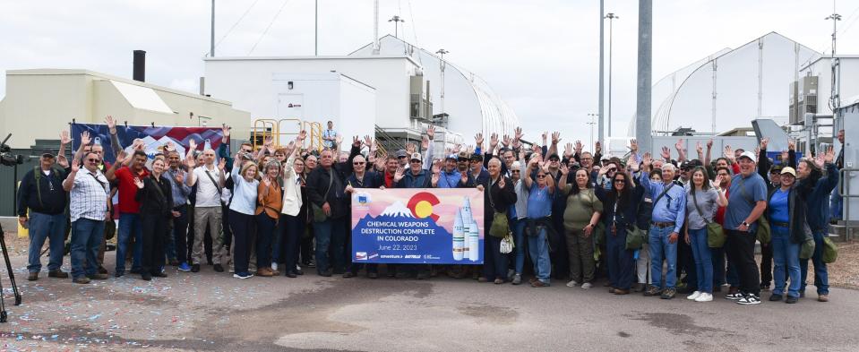 Pueblo Chemical Depot staff celebrate the destruction of the final chemical weapons in Colorado on June 22, 2023.