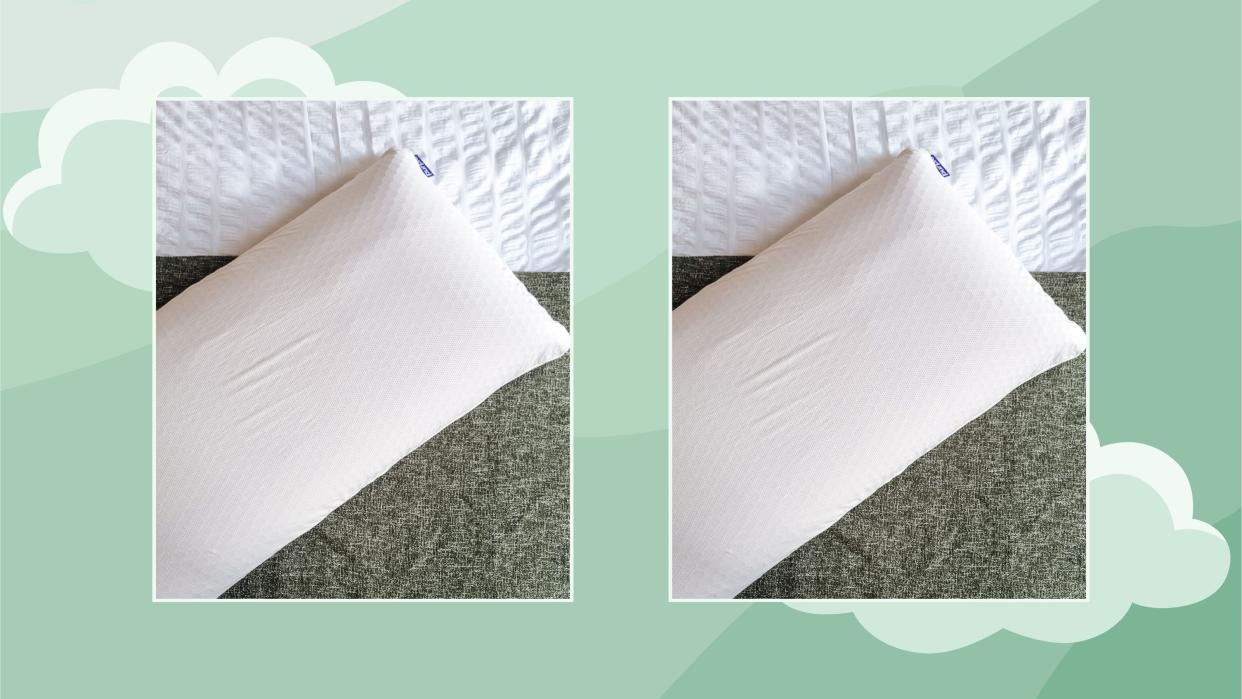  Two pictures of a Purple Harmony pillow on a green and cloudy background 