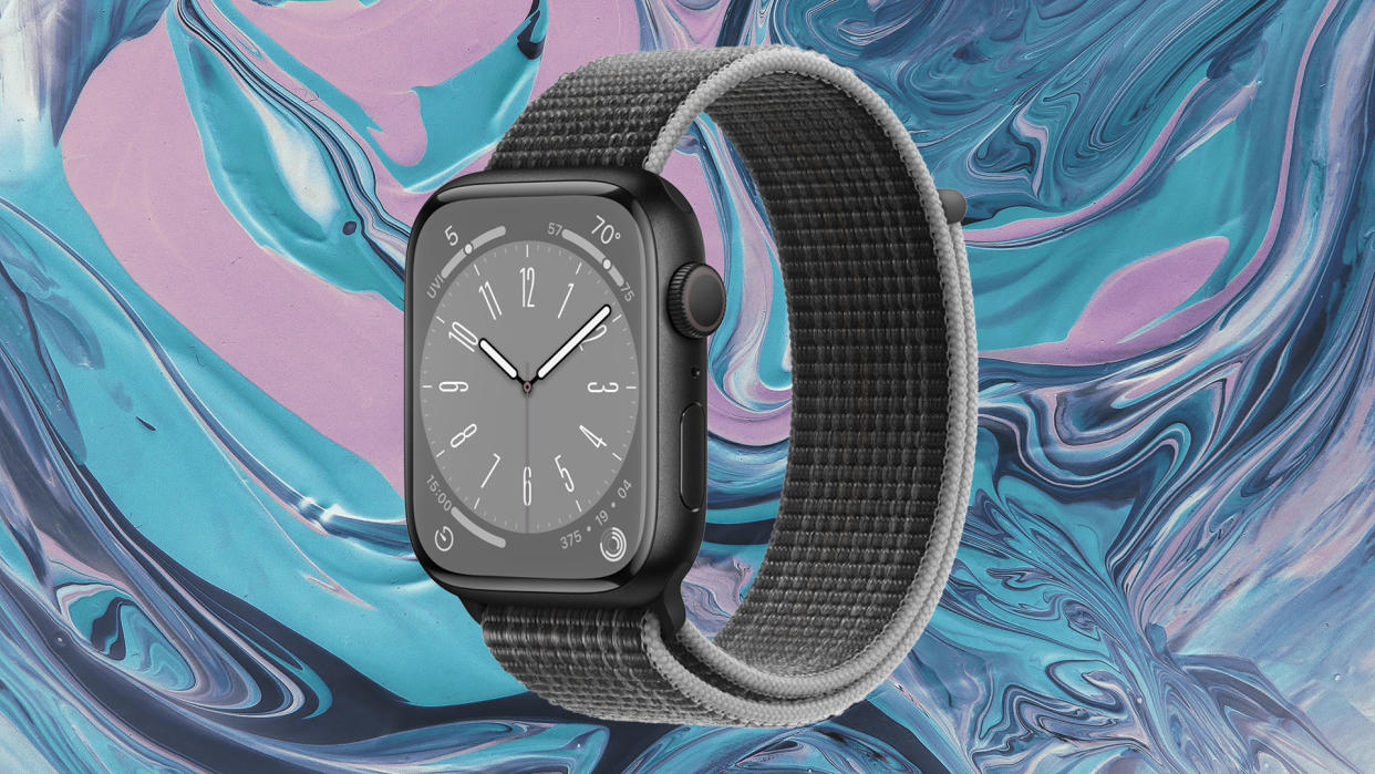  Apple Watch Series 8 against colourful background. 