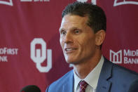 Oklahoma head football coach Brent Venables answers a question at an NCAA college football news conference, Monday, Dec. 6, 2021, in Norman, Okla. (AP Photo/Sue Ogrocki)