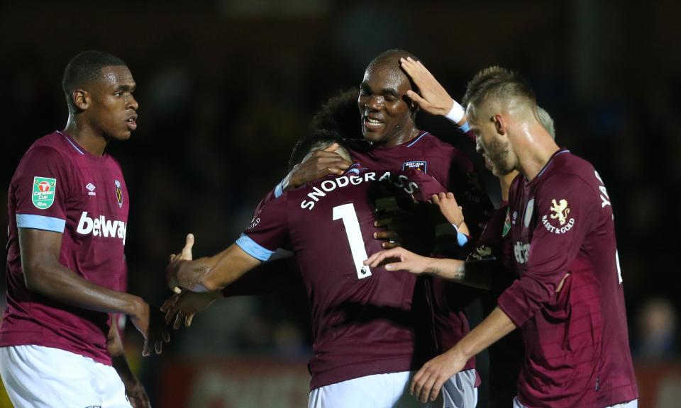 Angelo Ogbonna is congratulated after scoring West Ham’s second goal against AFC Wimbledon.