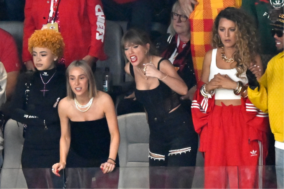 Ice Spice, from left, Ashley Avignone, Taylor Swift, and Blake Lively react during the first half of the NFL Super Bowl 58 football game between the San Francisco 49ers and the Kansas City Chiefs (David Becker / AP)