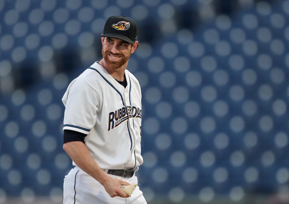 Guardians pitcher Shane Bieber smiles as he takes the mound during the first inning of his rehab start for the Akron RubberDucks at Canal Park, Tuesday, Sept. 12, 2023.