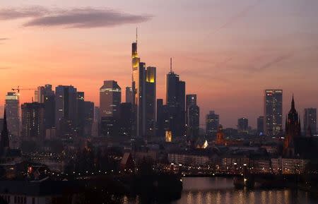 The skyline is seen as the sun goes down late in the afternoon in Frankfurt, Germany December 10, 2016. Picture taken December 10, 2016. REUTERS/Kai Pfaffenbach