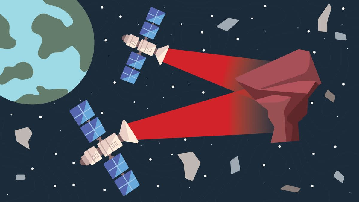  A graphic showing two red lasers pointing at dangerous debris floating around in space. The planet Earth is also part of the graphic. . 